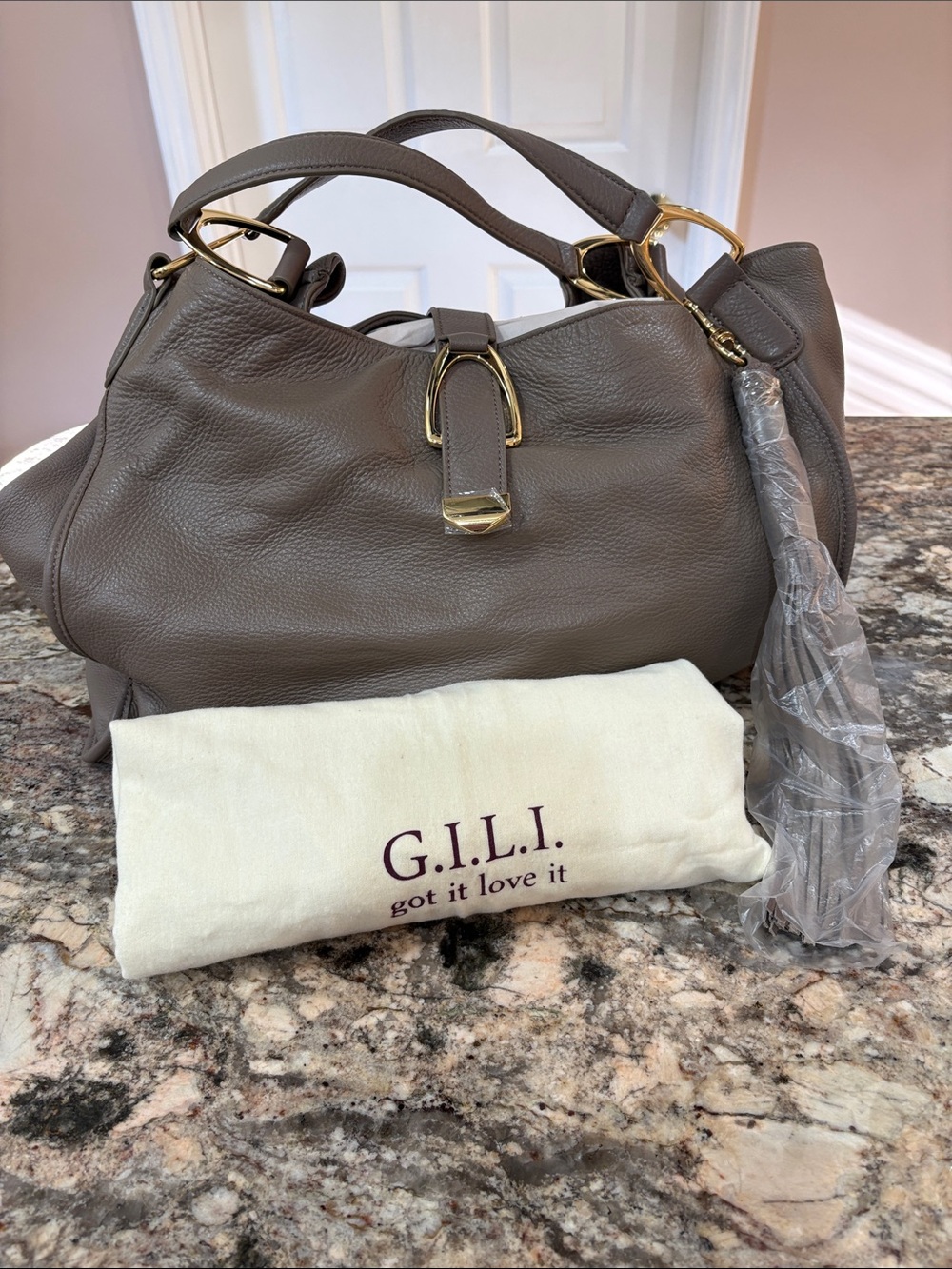 NWT G.I.L.I. Large Taupe Pebbled Leather Hobo